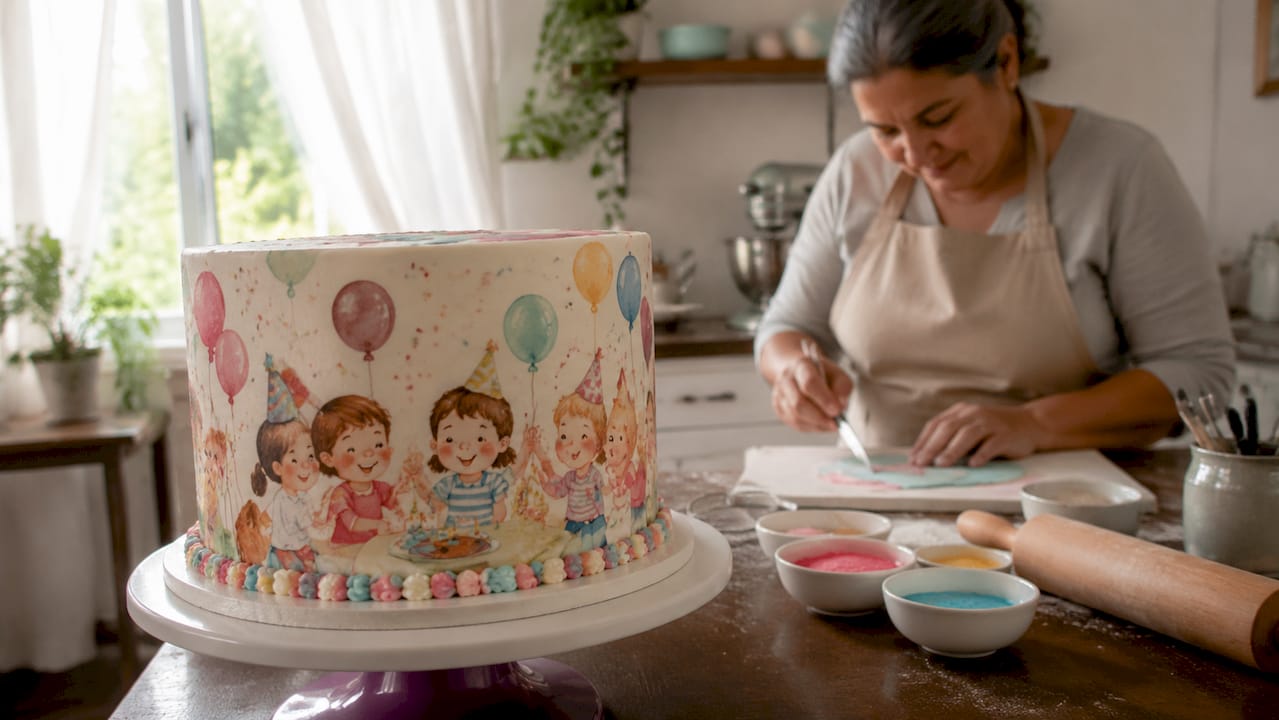 Bolo personalizado com folha de açúcar numa pastelaria