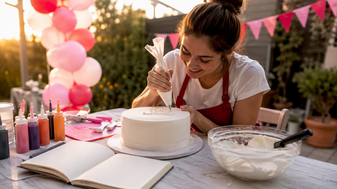 Una mujer escribe un mensaje sobre una tarta utilizando una manga pastelera, añadiendo un toque personalizado a la decoración.