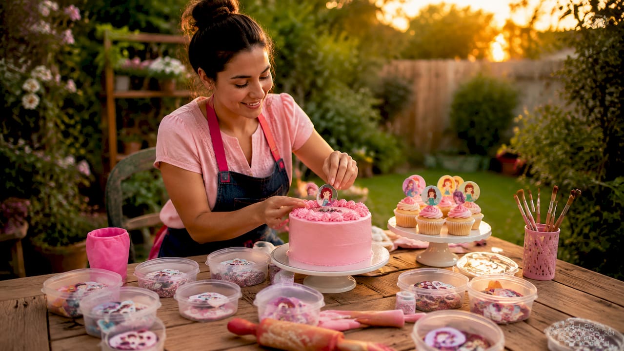Una persona decora pasteles con obleas en la cocina