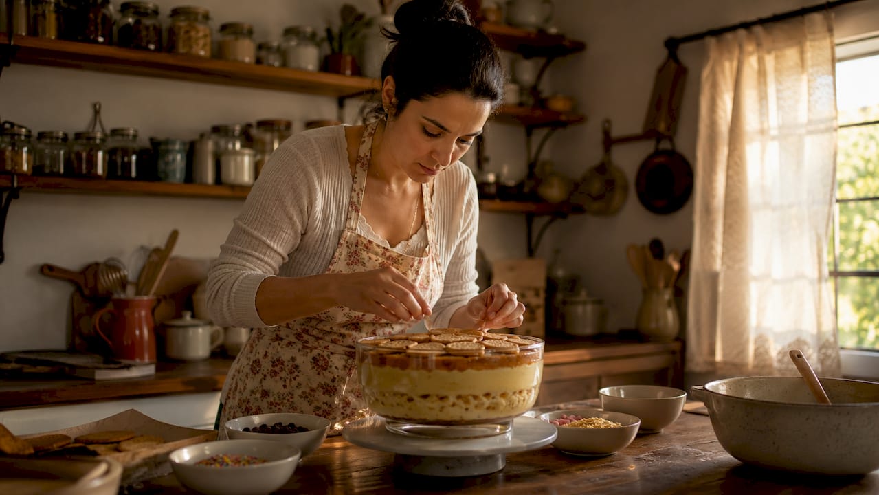 Chef pasteleiro a decorar um bolo com folhas comestíveis