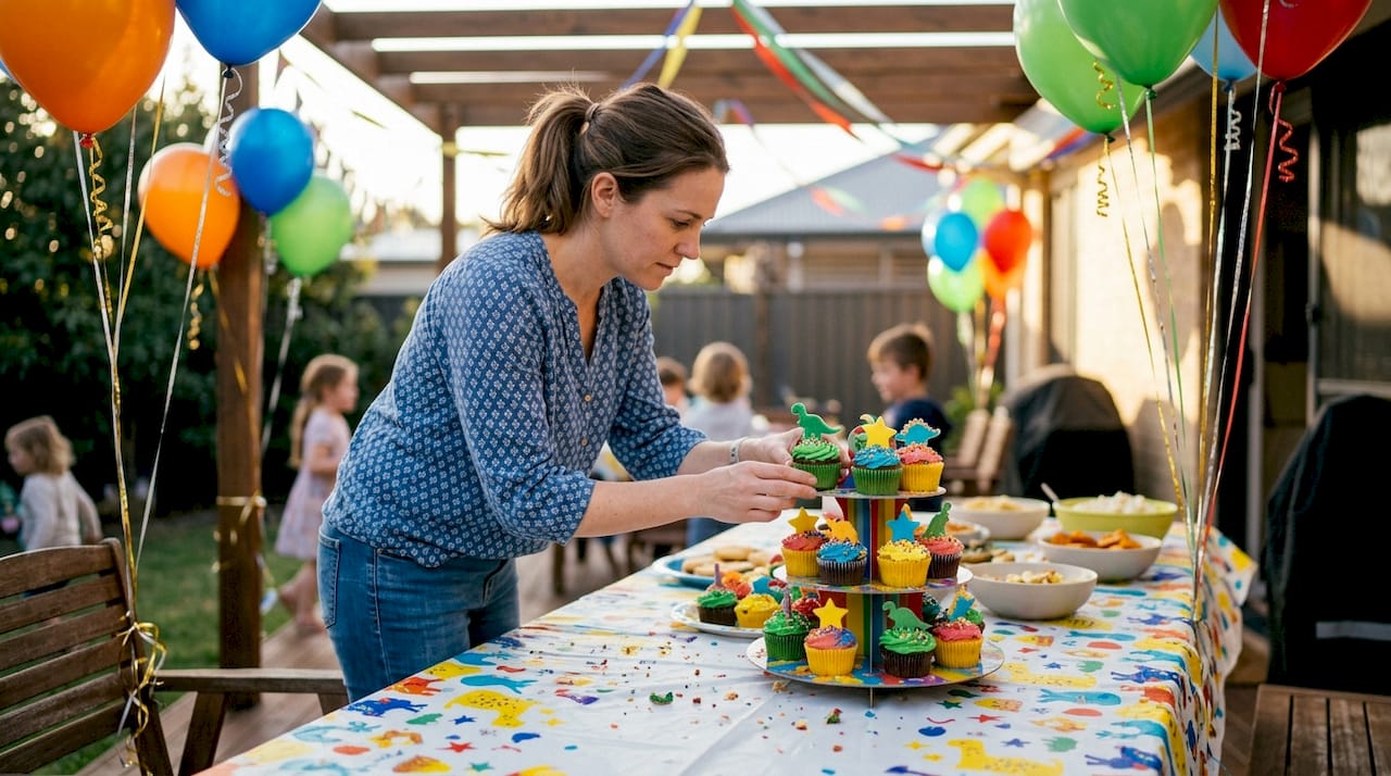 Mesa de aniversário infantil com cupcakes coloridos e decorados ao pormenor