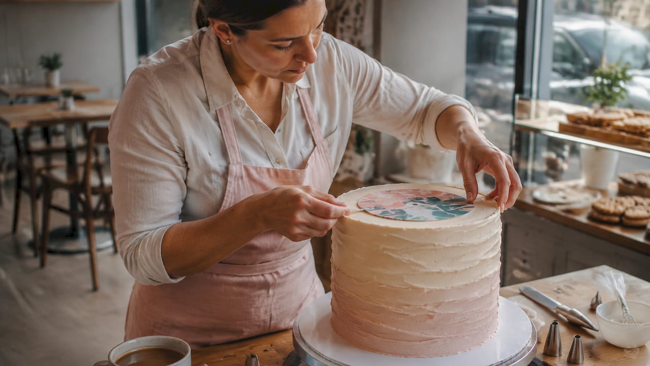 Pasteleiro a aplicar papel de açúcar comestível sobre um bolo