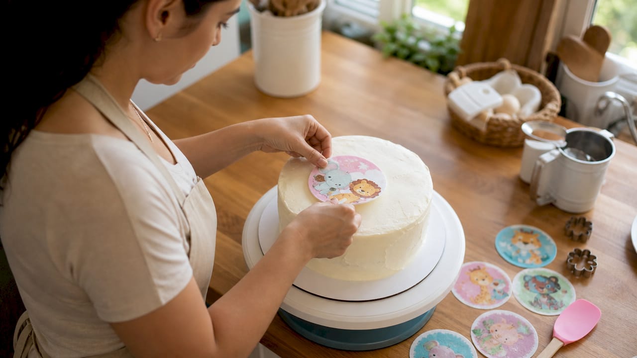 Pastelheira a colocar folha de hóstia decorativa sobre um bolo