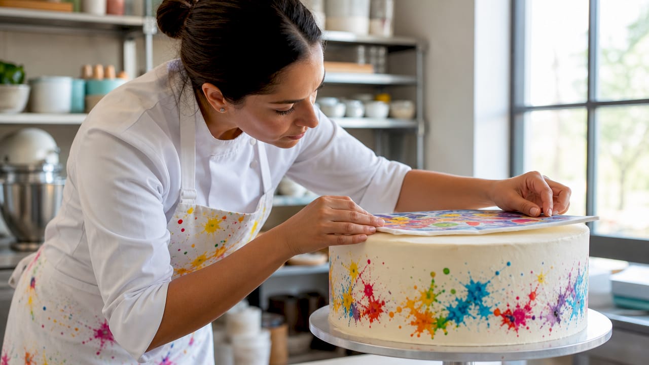 Numa pastelaria, o pasteleiro está a colocar uma imagem comestível sobre um bolo, dando-lhe um toque personalizado e original.
