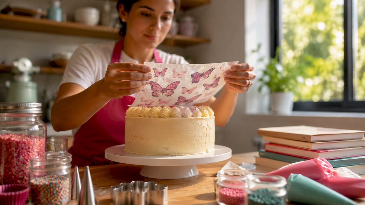 Pastelera decorando sus creaciones con papel de azúcar