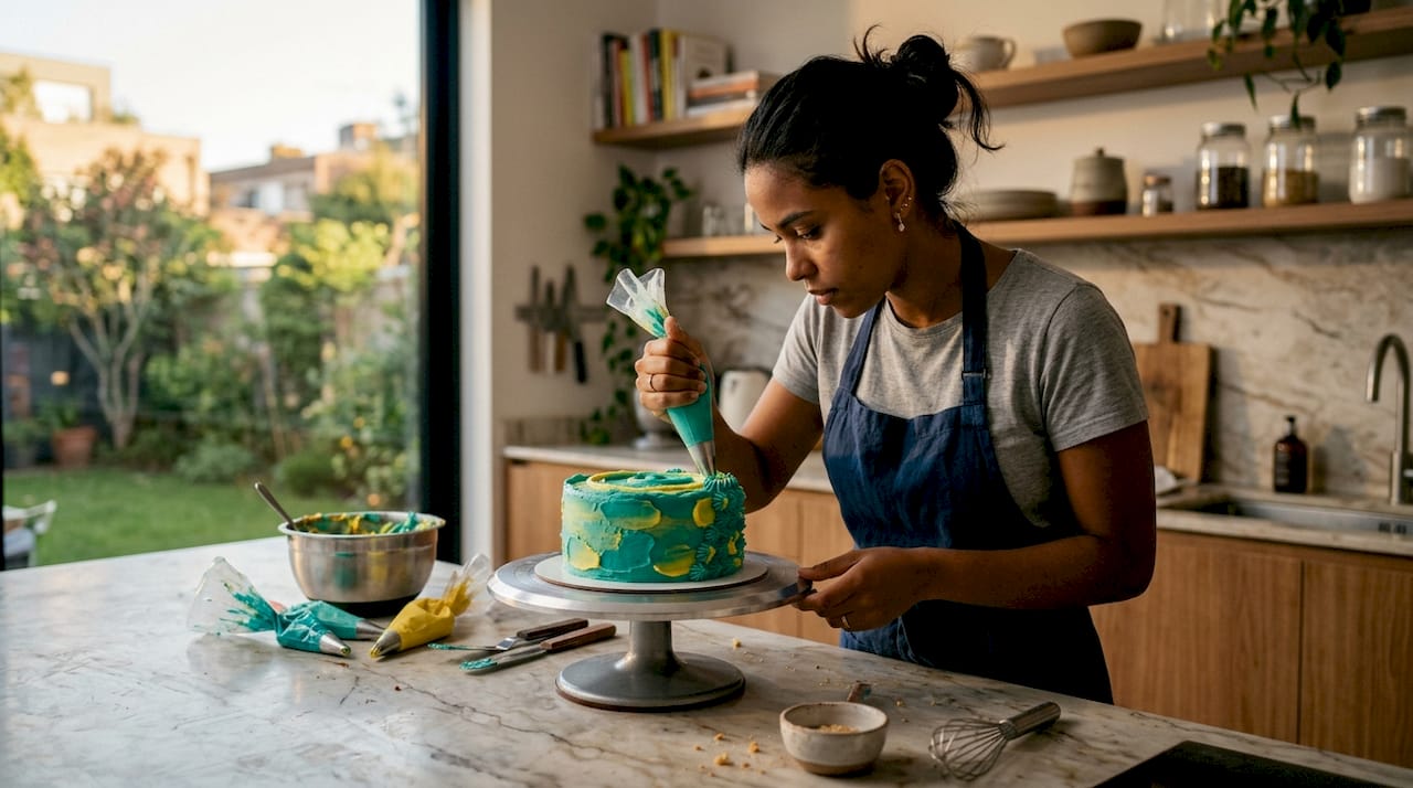Jovem a decorar um bolo, com atenção aos detalhes, numa cozinha cheia de luz.