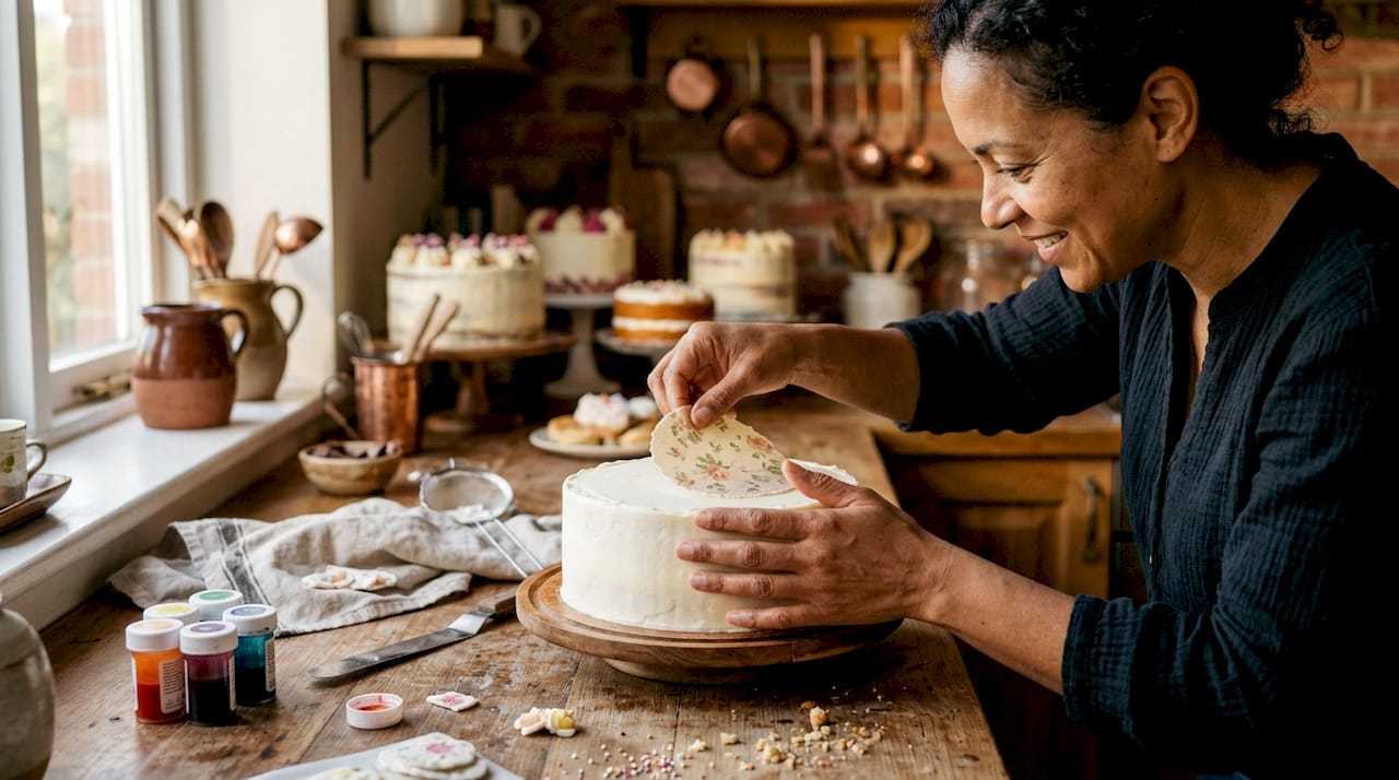 Uma mulher a decorar um bolo branco com uma folha de obreia