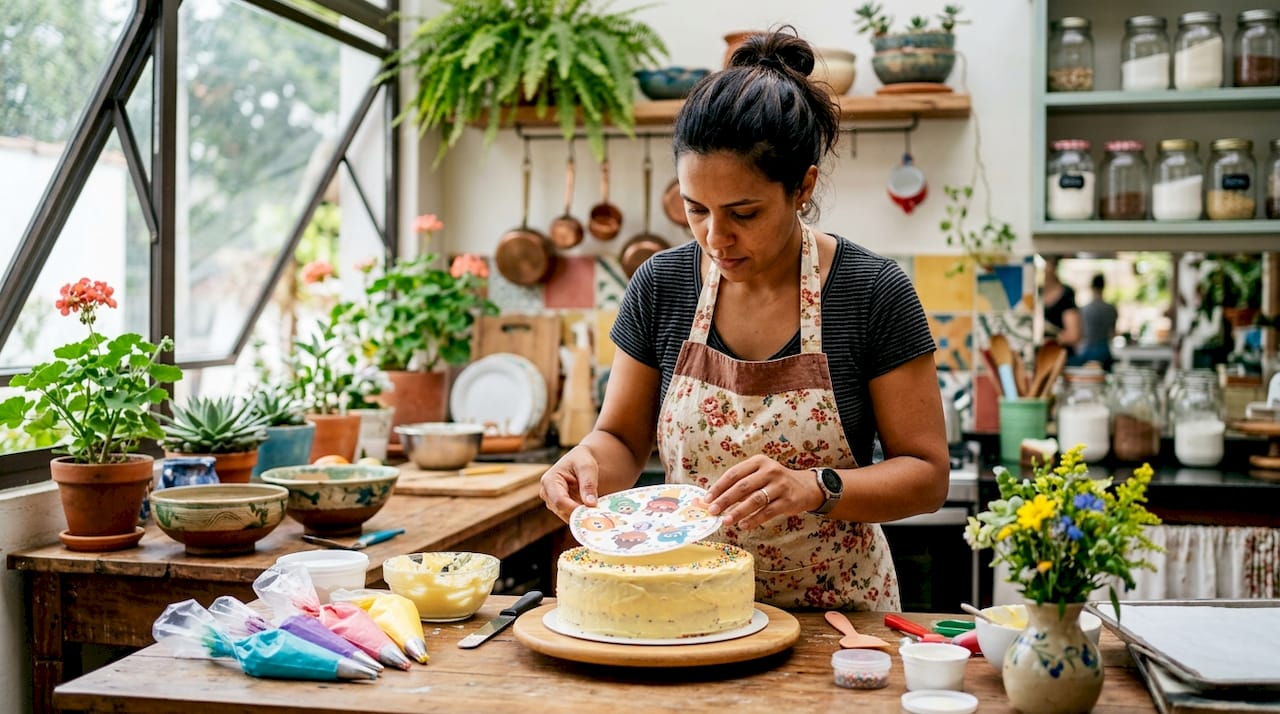 Pasteleiro a colocar uma folha comestível personalizada sobre o bolo de aniversário