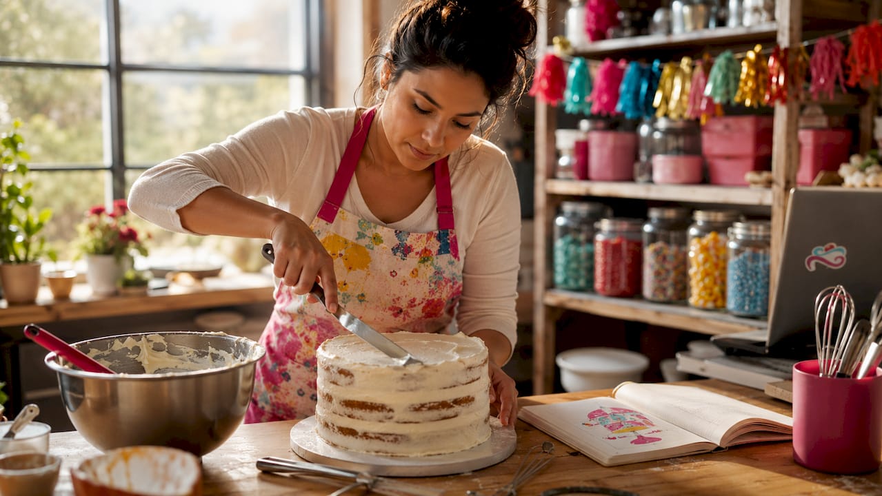 El pastelero cubre la tarta con crema, formando varias capas.