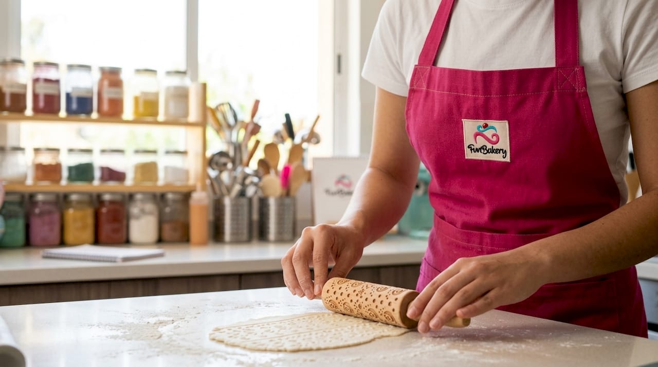Pastelera decorando una oblea artesanal con textura para darle un toque único y creativo