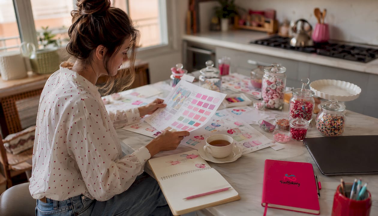 Una mujer organiza con ilusión la decoración de una mesa dulce en su hogar, cuidando cada detalle para que el resultado sea especial.