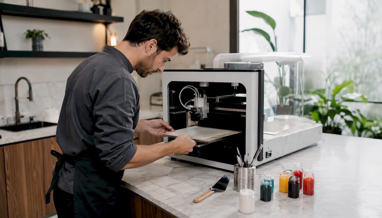 Especialista a manusear uma impressora 3D de bolachas finas numa cozinha de investigação gastronómica