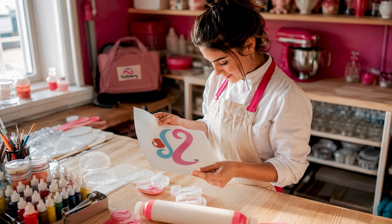 Una repostera inspecciona cuidadosamente el papel de azúcar y las obleas que usará para decorar sus creaciones.