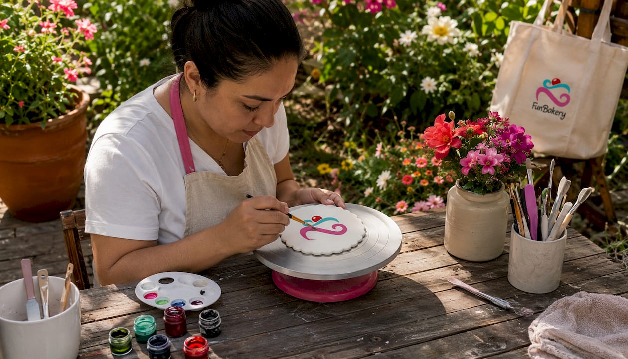 Una persona decorando un topper comestible con colorante en gel.