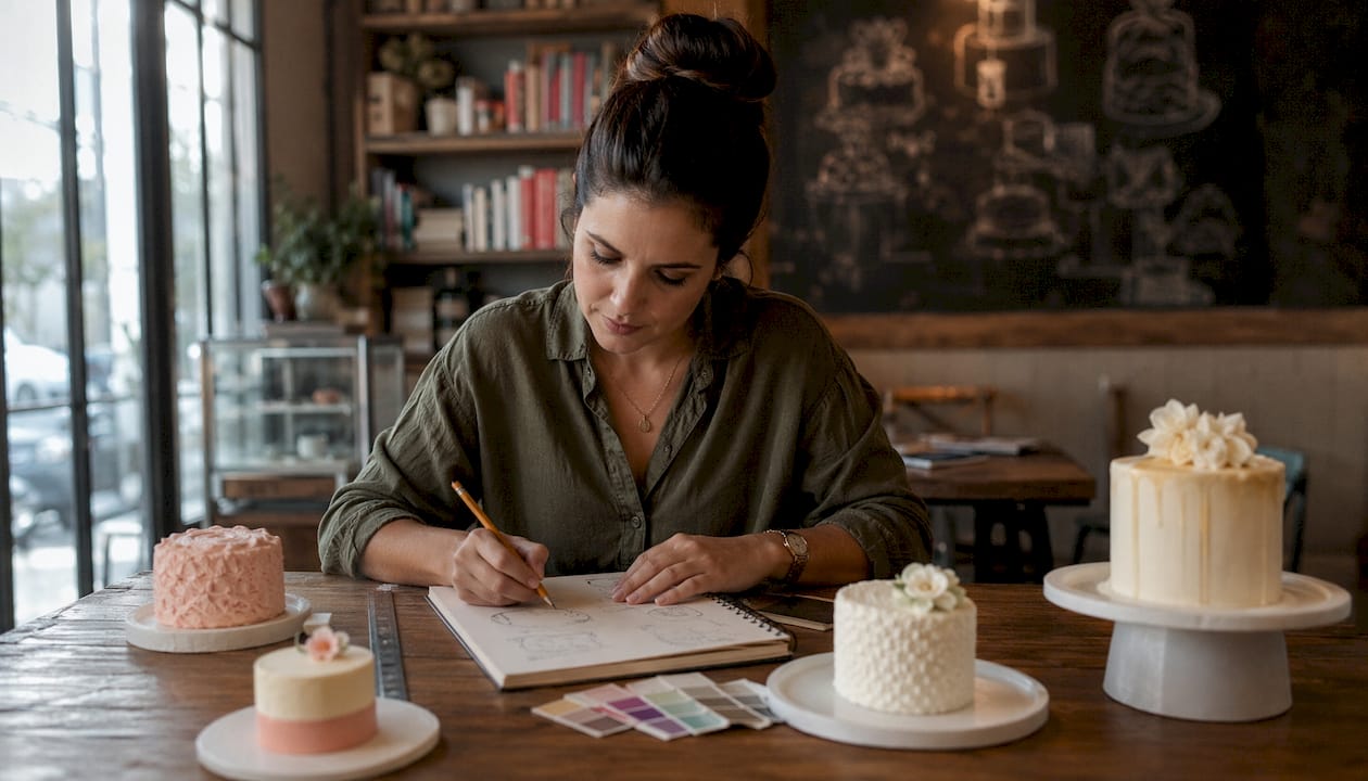 Mulher a preparar a decoração de um bolo, recorrendo a desenhos e amostras para definir todos os detalhes.