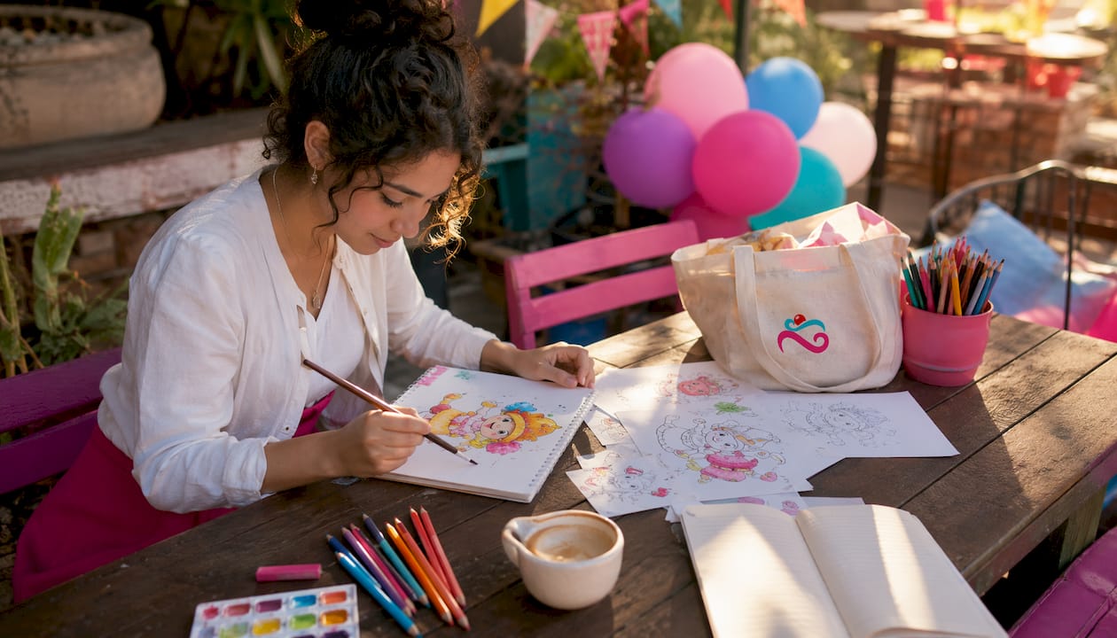 Artista diseña un personaje en acuarela mientras trabaja en su estudio