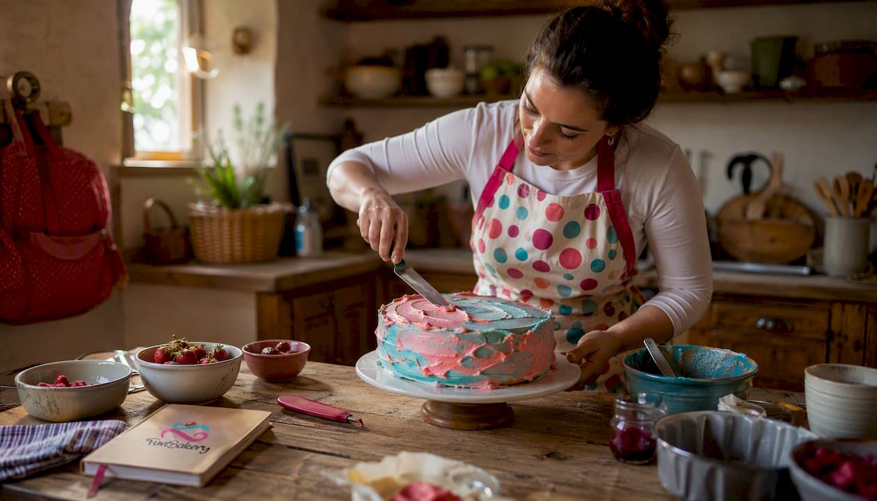 Repostera colocando papel comestible en una tarta casera para compartir en familia.