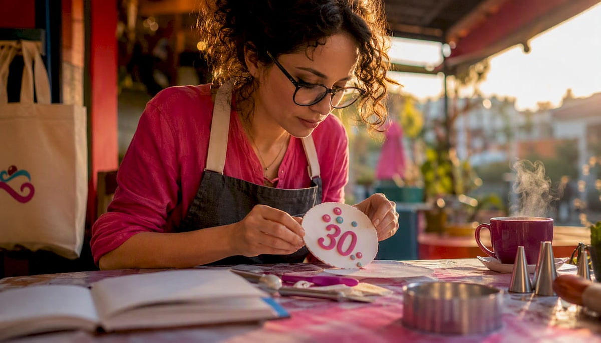 Diseñadora revisando el diseño de una oblea personalizada para decorar un pastel
