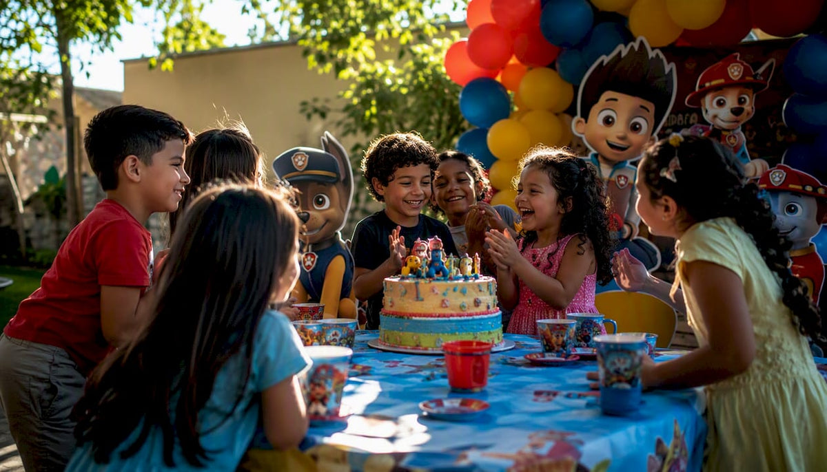 Miúdos a divertir-se numa festa de aniversário com personagens animados