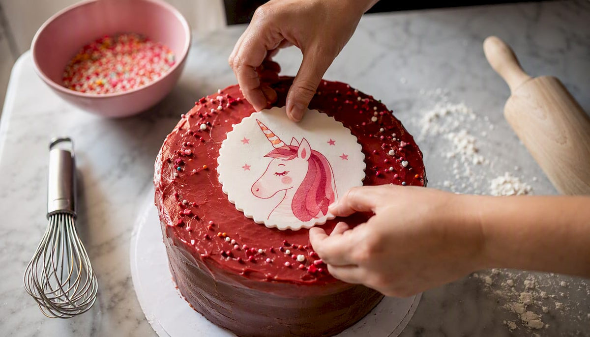 Unas manos decorando un pastel con una oblea comestible
