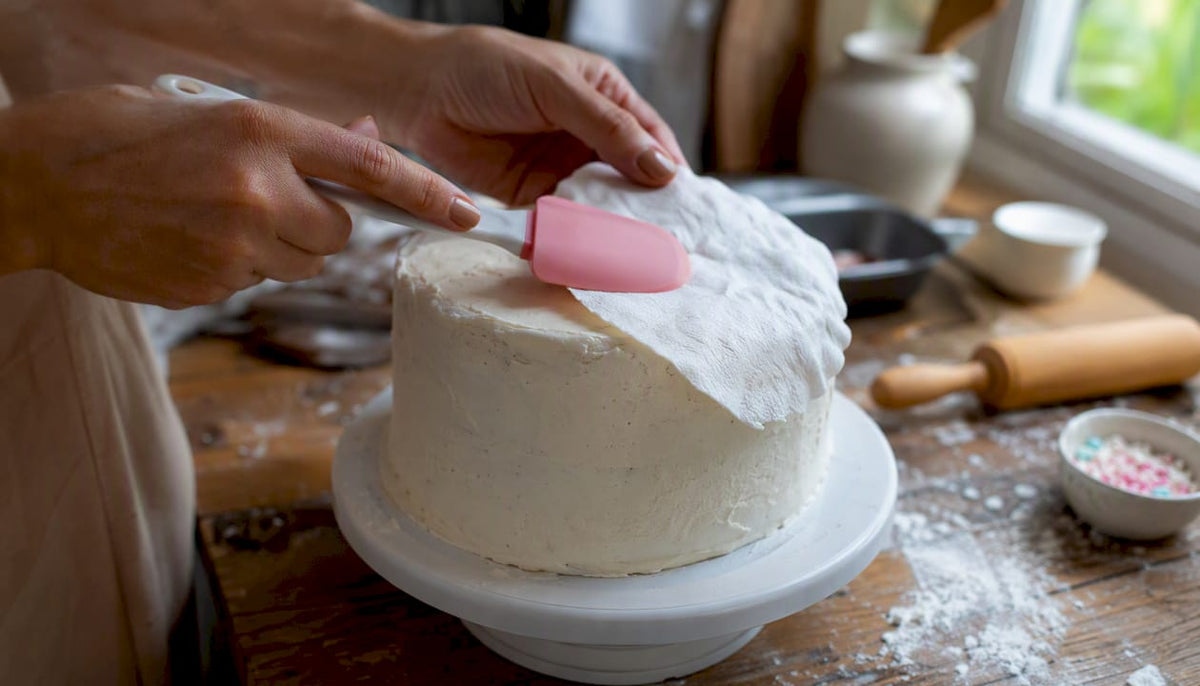 Alisar a pasta de açúcar sobre o bolo de aniversário com as mãos