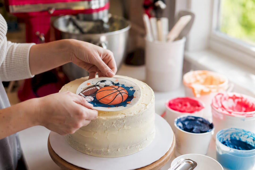 Unas manos decoran el pastel con una oblea de temática deportiva.