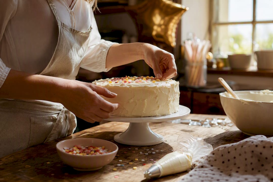 Mãos a decorar um bolo para a festa de uma menina