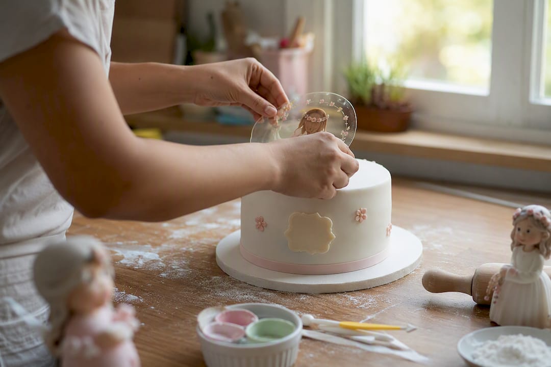 Unas manos colocando una oblea sin gluten sobre la tarta de comunión