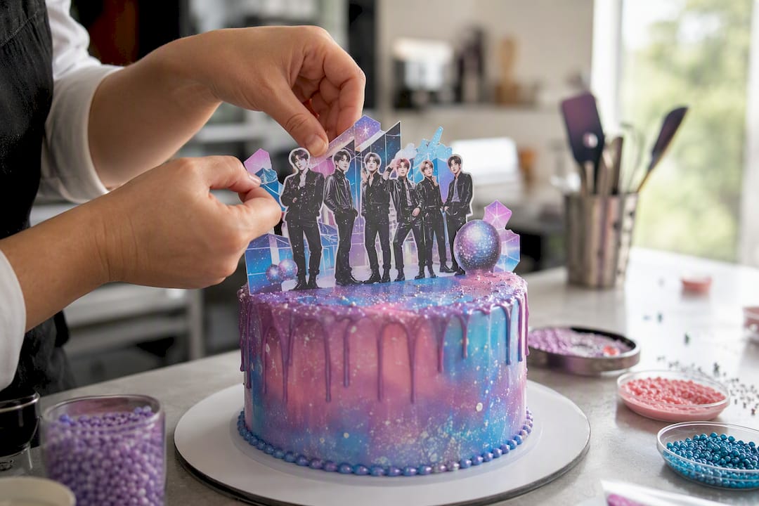 Mãos a colocar um topo de açúcar comestível no bolo de aniversário