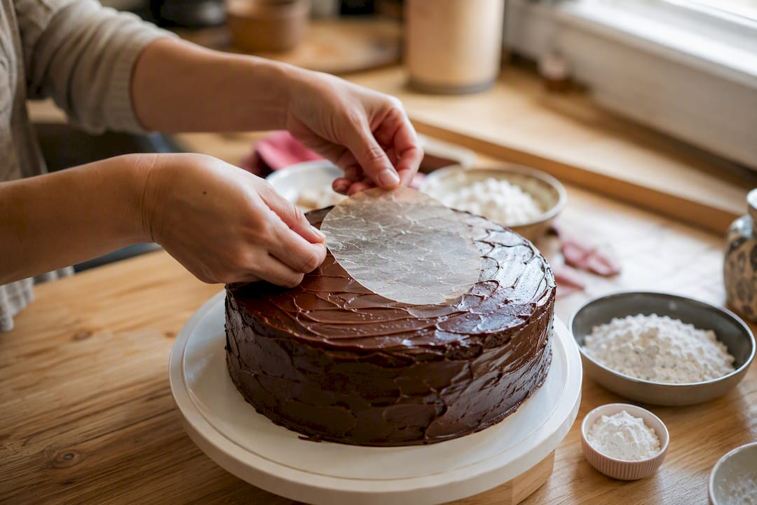 Manos colocando una oblea comestible vegetariana sobre un pastel