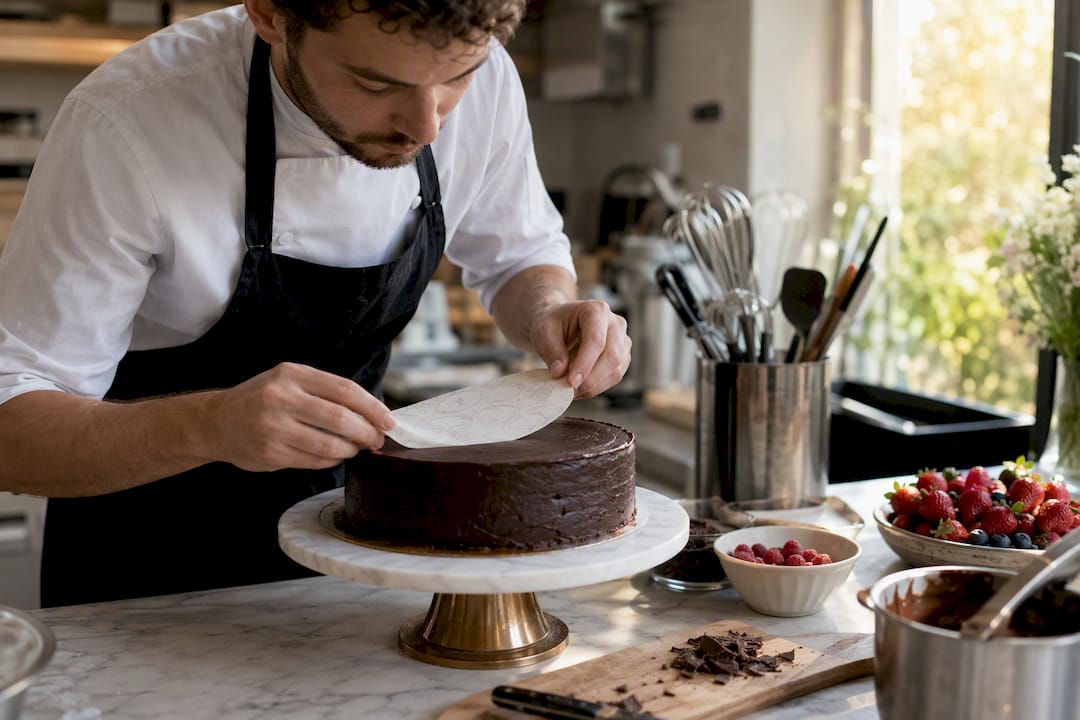 Mãos a aplicar papel de açúcar comestível em bolo de chocolate