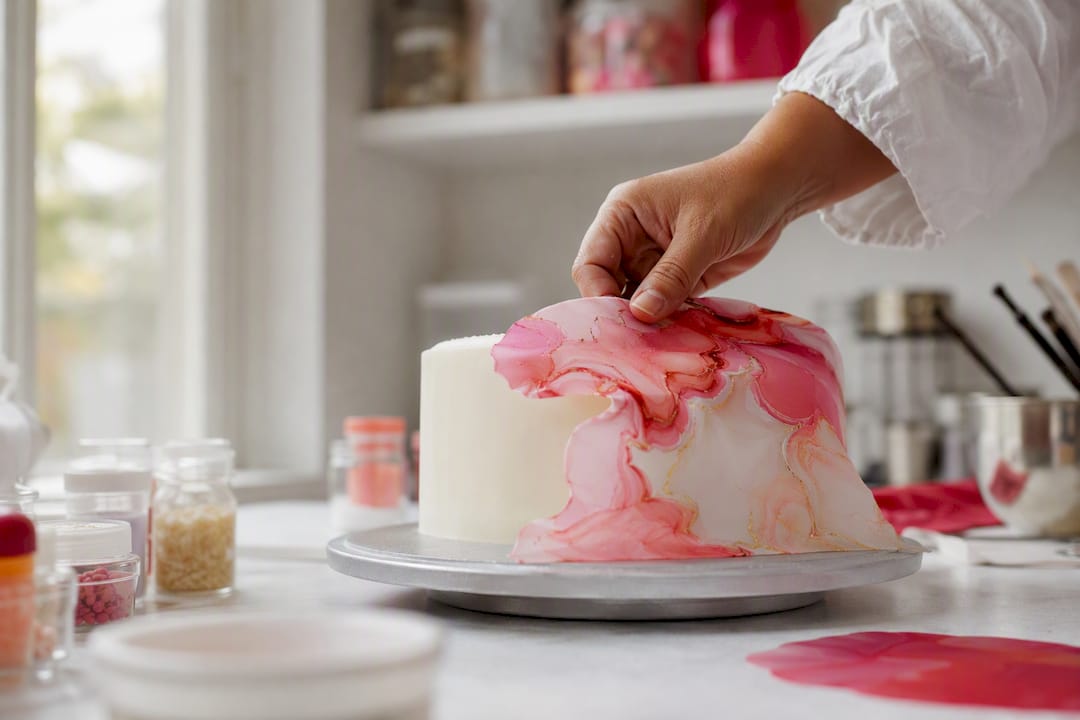 Mano colocando una oblea impresa sobre una tarta