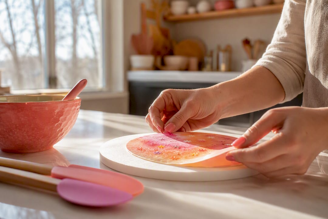Manos colocando una imagen comestible de oblea sobre la superficie de un pastel