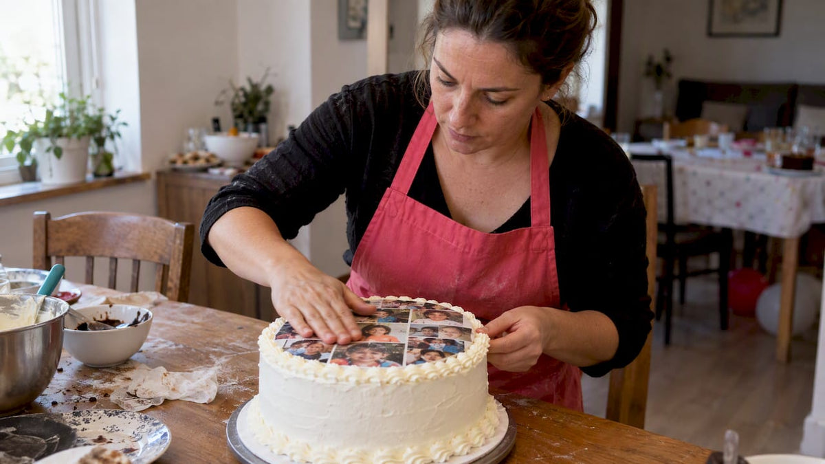 Confeiteira aplica mosaico comestível num bolo