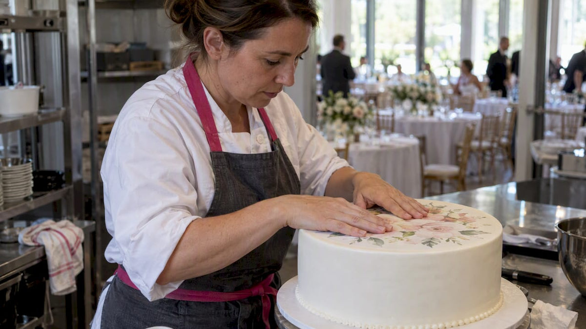 Confeiteira decora bolo de casamento com imagem floral