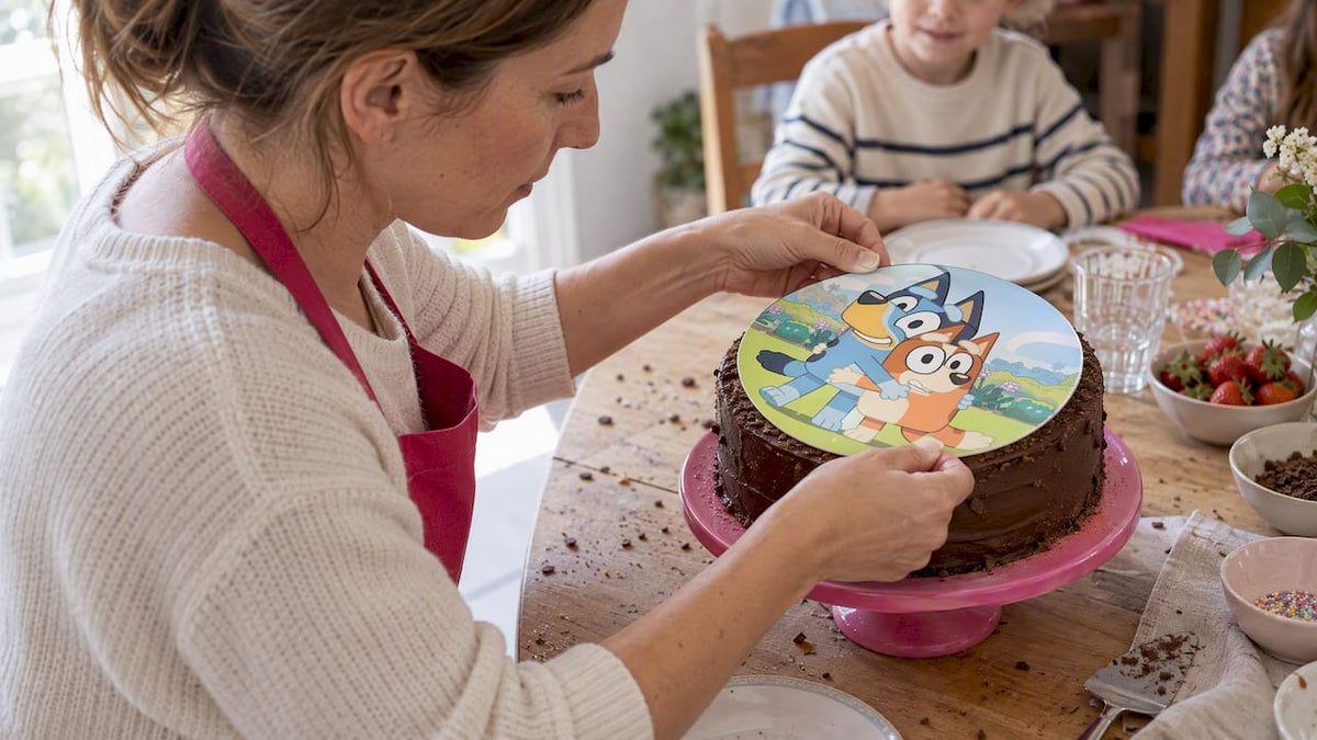 Colocar oblea de BLUEY sobre tarta de chocolate