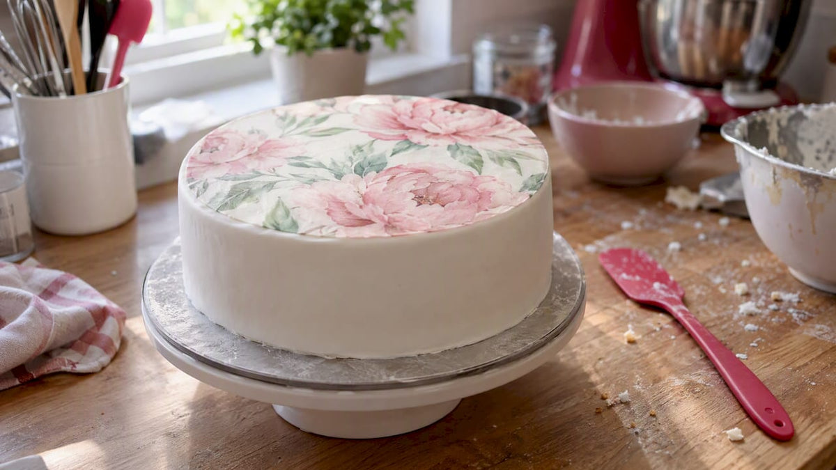 Tarta blanca decorada con oblea de flores pintadas en acuarela