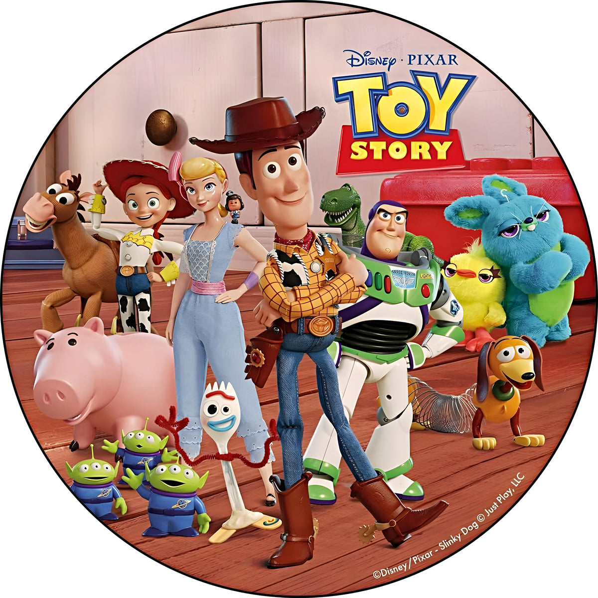 Foto Comestible para tarta personalizada TOY STORY en una oblea personalizada con una foto y un texto