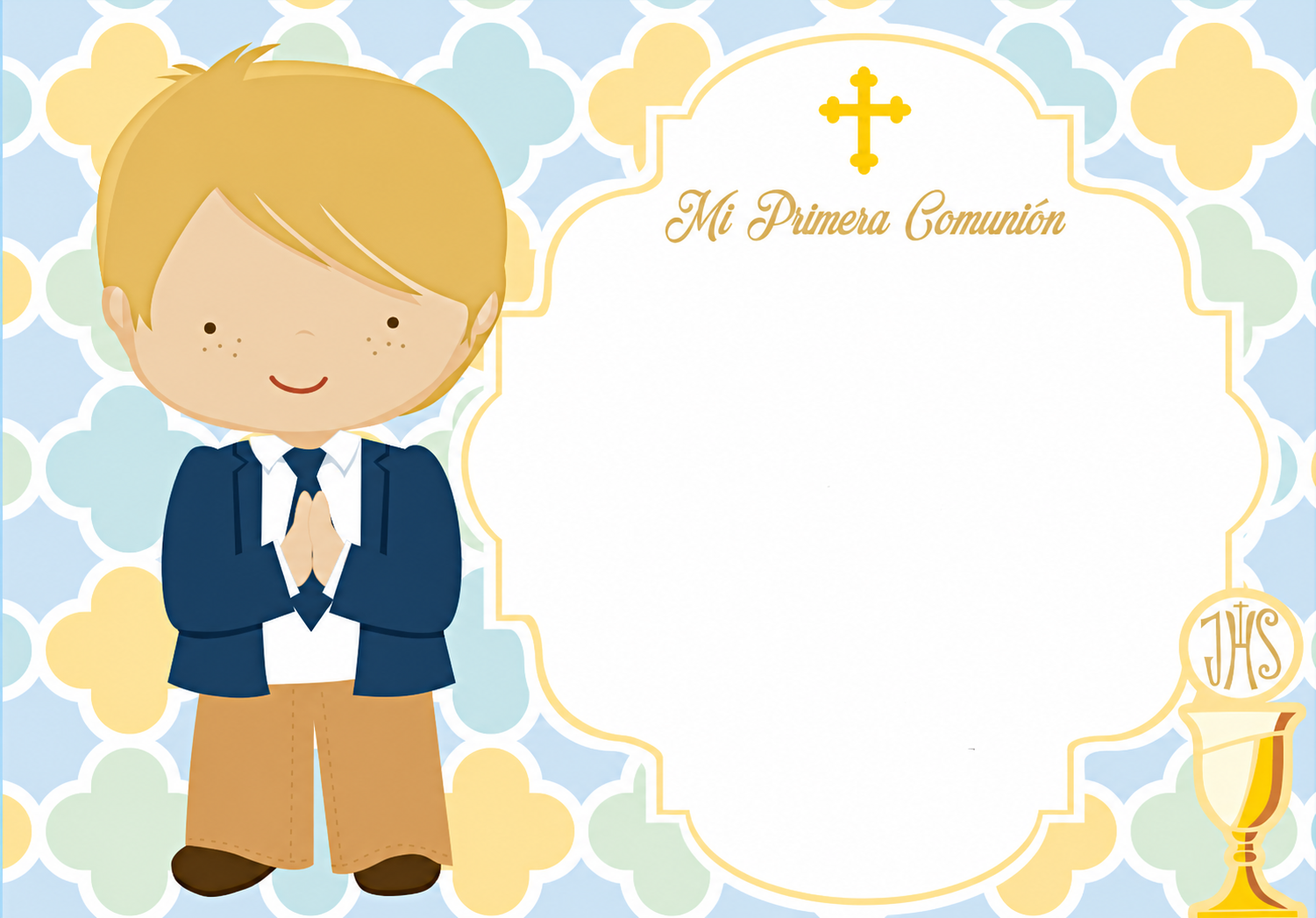 Papel comestible para comunión de niño con ilustración kawaii, uvas moradas y cáliz dorado para decoración de tarta