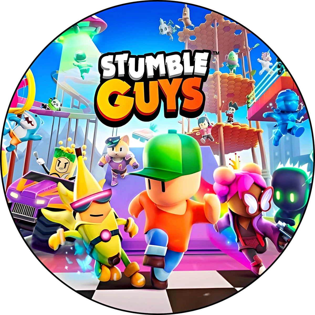 Diseño comestible de Stumble Guys con felicitación y nombre personalizados.