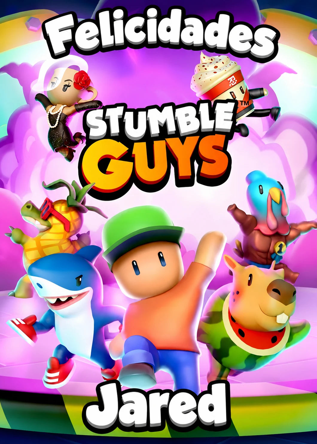 Oblea de Stumble Guys con nombre y mensaje para decorar una tarta.