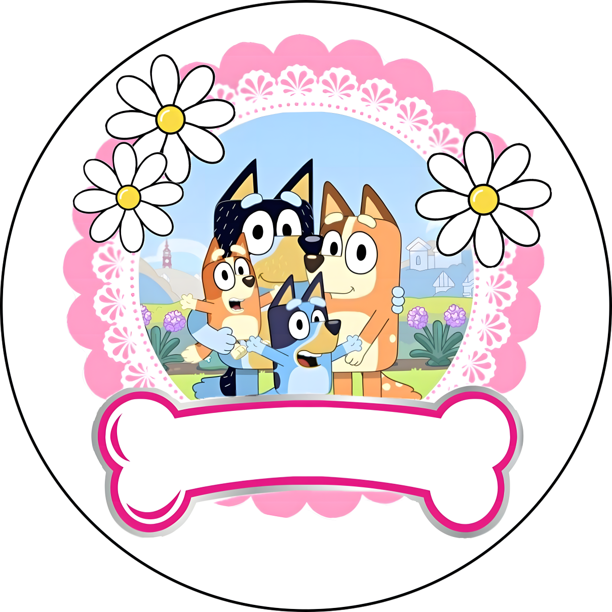 Oblea comestible personalizada BLUEY con tu nombre en el hueso para tarta de cumpleaños