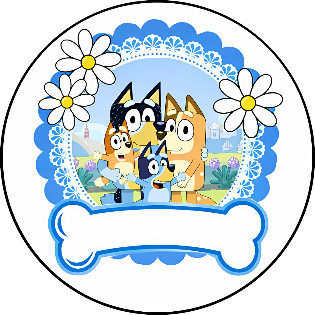 Oblea comestible personalizada BLUEY con tu nombre en el hueso para tarta de cumpleaños