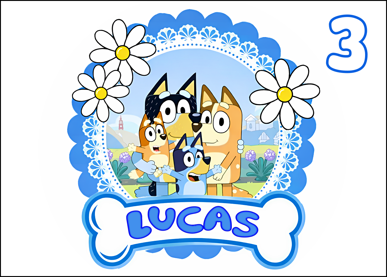 Oblea comestible personalizada BLUEY con tu nombre en el hueso para tarta de cumpleaños
