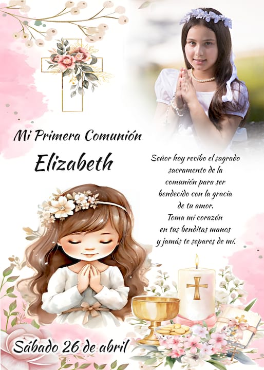 Invitación o recordatorio de Mi Primera Comunión personalizado con foto, nombre Elizabeth, fecha, cruz decorativa, cáliz, vela y diseño floral en color rosa.