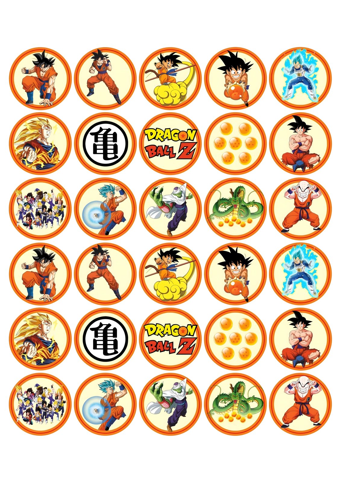 Lámina de 30 círculos comestibles de Dragon Ball con Goku y esferas del dragón, magdalenas, cupcakes