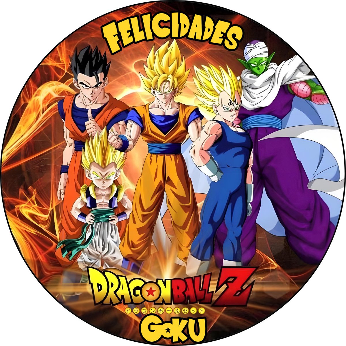 Oblea circular personalizable de Dragon Ball con Goku y personajes de fondo