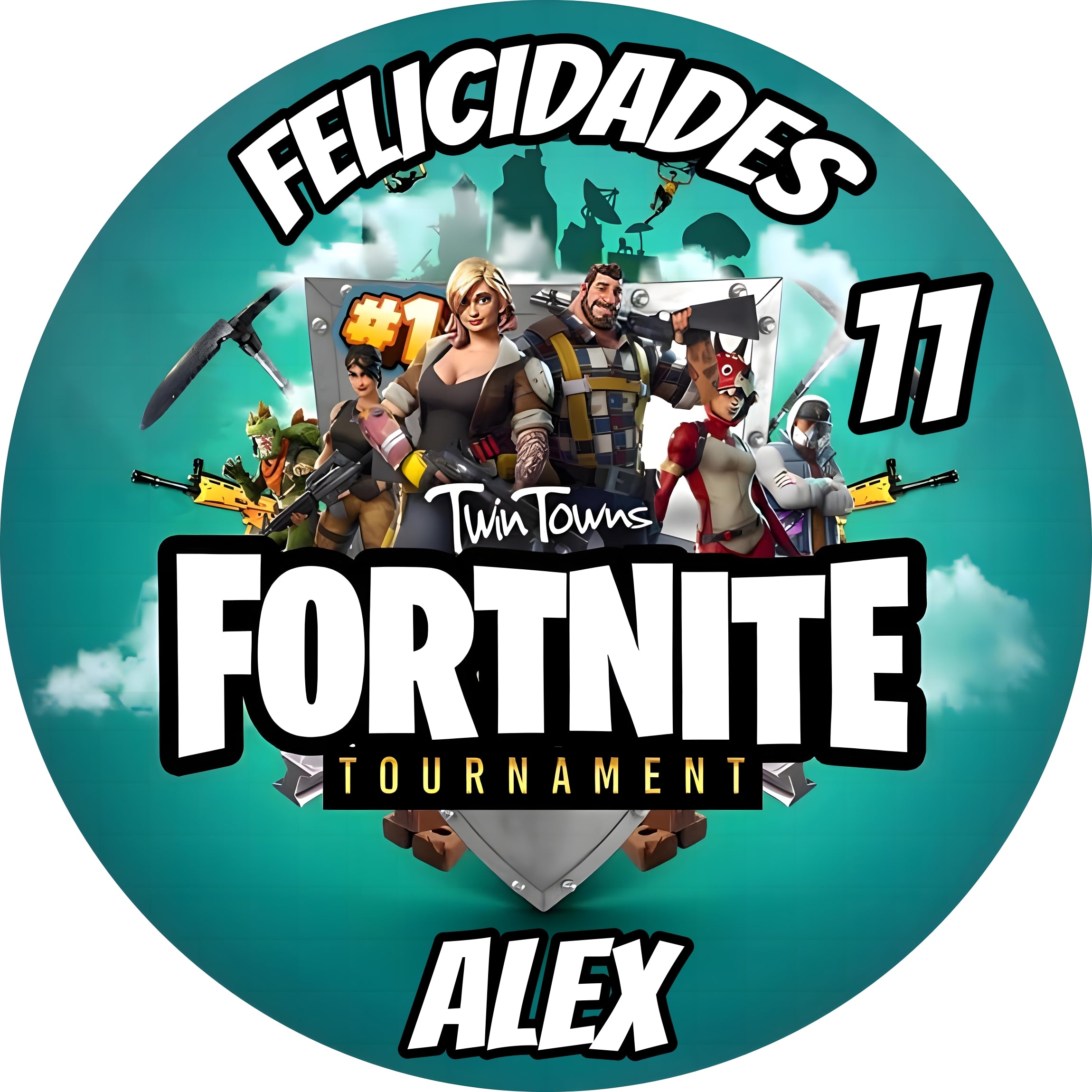 Imagen comestible estilo Fortnite para tarta y cupcakes, disponible en formato redondo o rectangular, en oblea o papel de azúcar, personalizable con texto