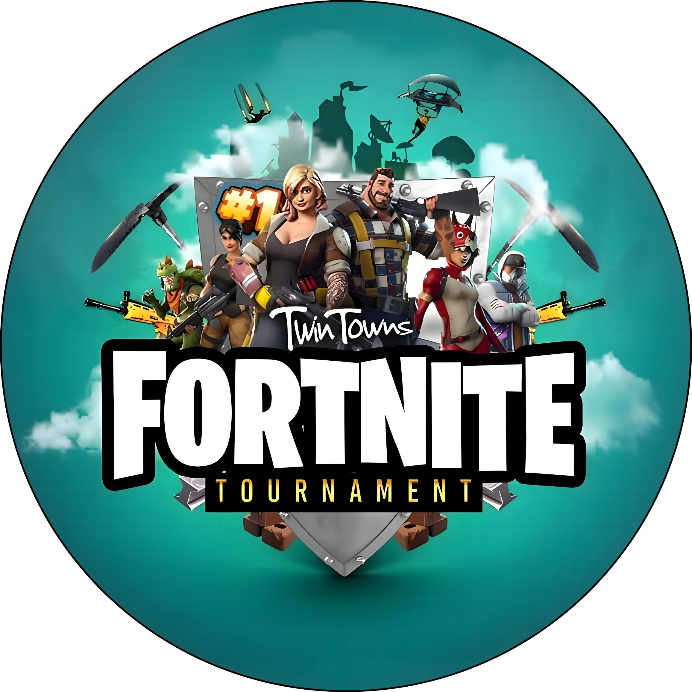 Imagen comestible estilo Fortnite para tarta y cupcakes, disponible en formato redondo o rectangular, en oblea o papel de azúcar, personalizable con texto