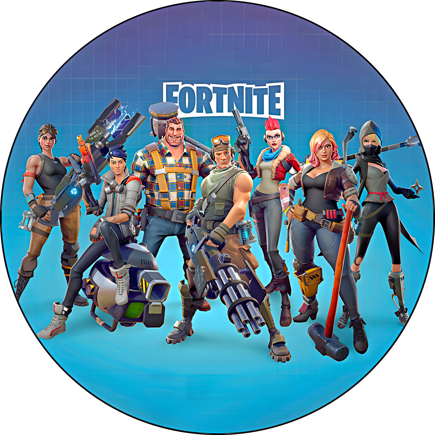 Imagen comestible estilo Fortnite battle royal para tarta y cupcakes, disponible en formato redondo o rectangular, en oblea o papel de azúcar, personalizable con texto